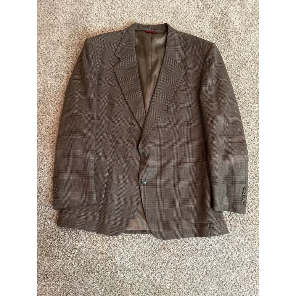 Jos A Bank Mens Suit 43R 38x30 Brown Glen Plaid 2-Piece Blazer Pleated Trousers